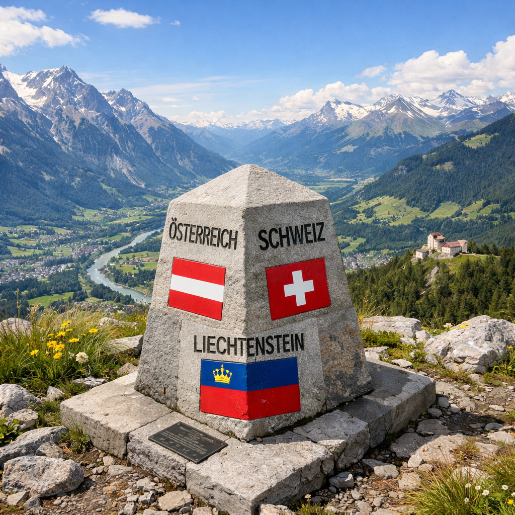 Stone border marker showing Austria, Switzerland, and Liechtenstein flags in alpine landscape