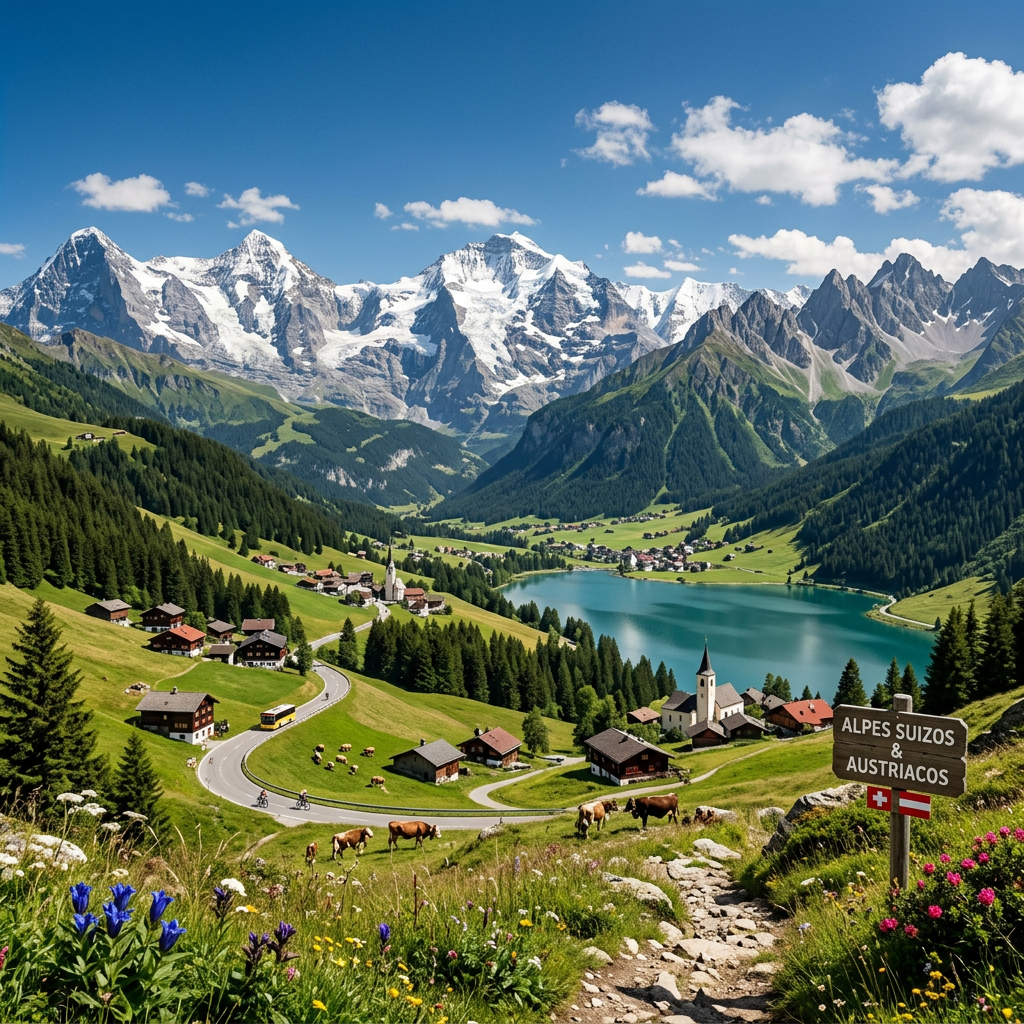 Alpine lake, village, mountains, and sign reading “ALPES SUIZOS & AUSTRIACOS”